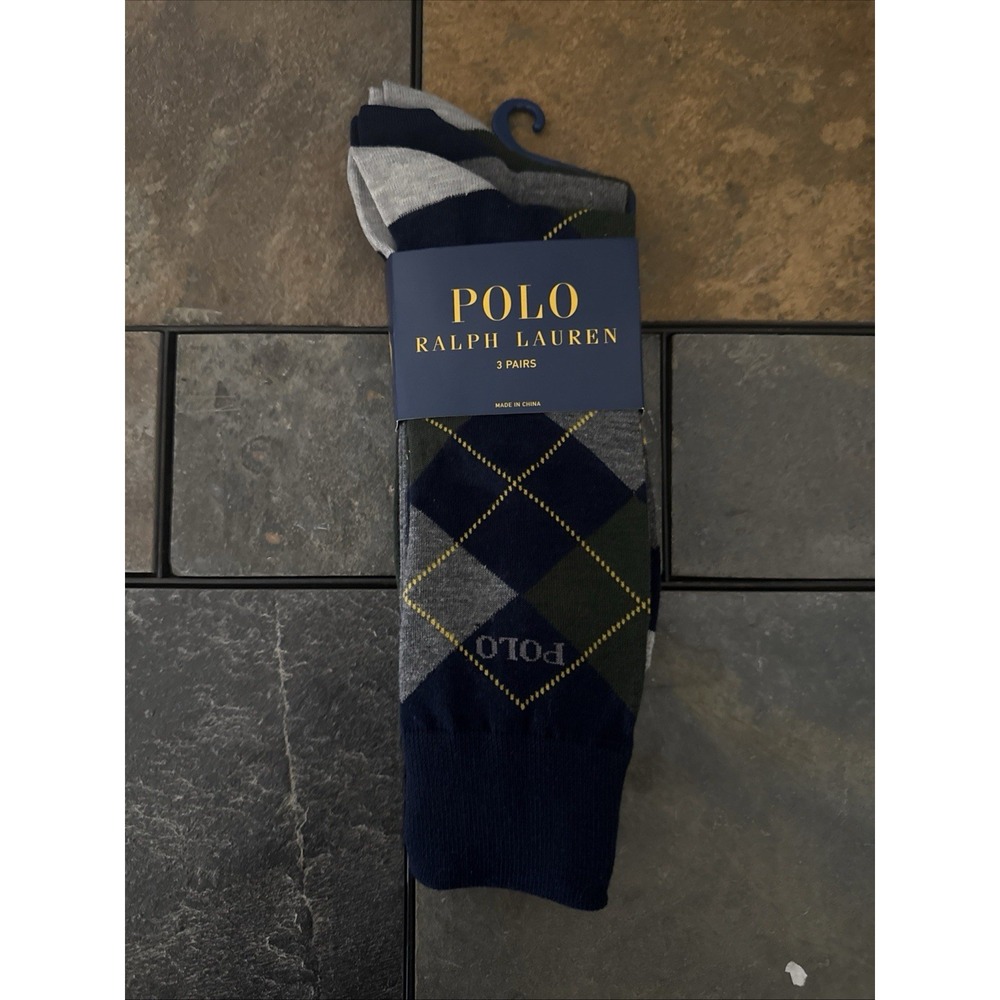 NWT 3 PAIRS POLO RALPH LAUREN MENS COTTON CREW DRESS SOCKS ARGYLE & SOLID
